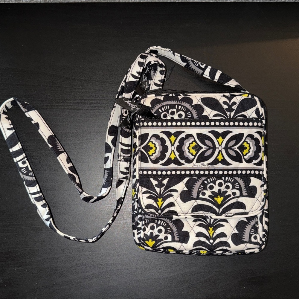 Vera Bradley Retired Mini Hipster Fanfare Crossbody, black white yellow